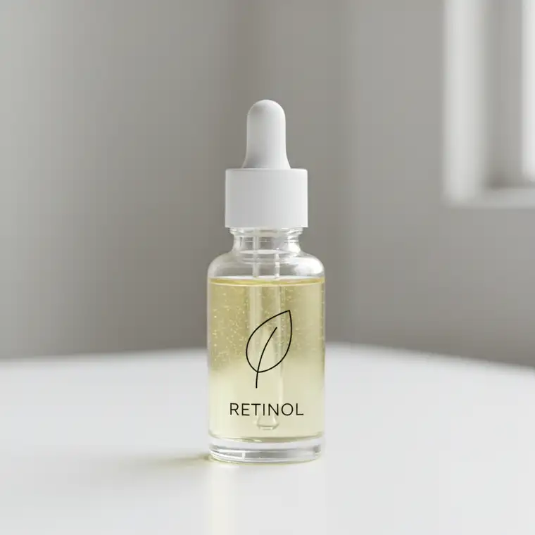 Flakonik serum z retinolem z apteki stojący na blacie obok kremu SPF i kremu nawilżającego, ilustrujący koszt wprowadzenia retinolu po 35 roku życia bez konsultacji