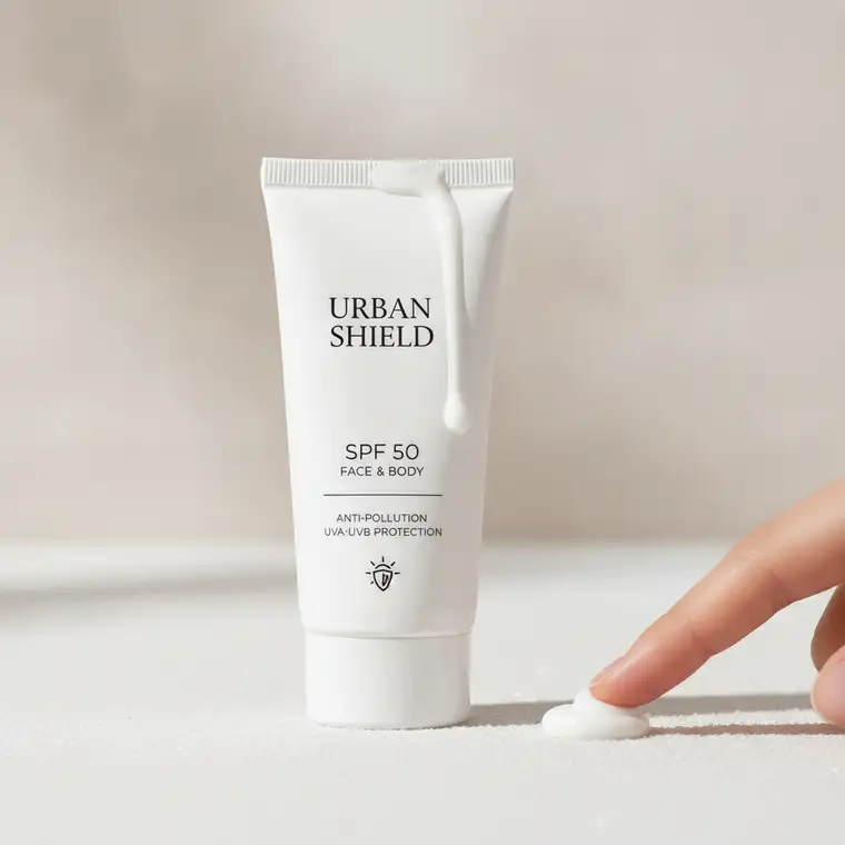 Kobieta w miejskiej scenerii nakłada krem z SPF 50 na twarz, świadoma ochrony przeciwsłonecznej latem w mieście