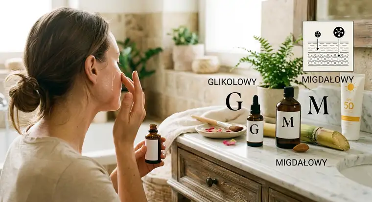 Domowa pielęgnacja po 30-tce, serum z kwasem migdałowym i glikolowym używane naprzemiennie w delikatnym peelingu chemicznym