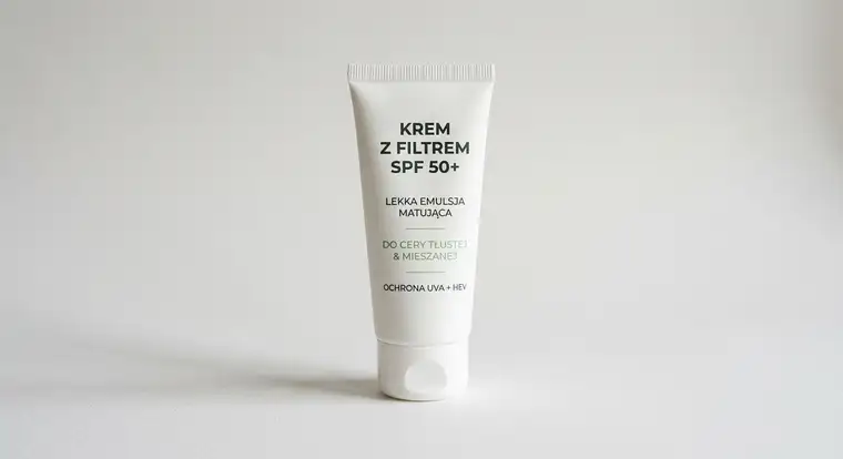 Kobieta z cerą tłustą nakłada lekki krem z filtrem SPF w biurze przy komputerze, wybierając idealny krem przeciwsłoneczny do pracy
